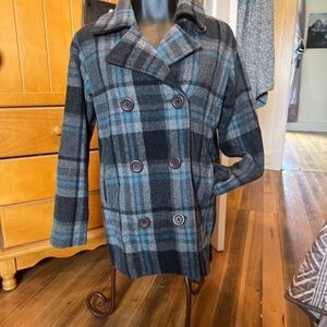 Cabela’s Blue Gray Plaid Wool Coat Button Front Winter Coat Small